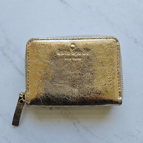 Kate Spade Golden Leather Zip Around Mini Wallet / Card Case Gold Hardware - Picture 1 of 9
